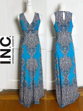 INC International Concepts Teal Paisley Sleeveless Maxi Dress | Size Small | NWT